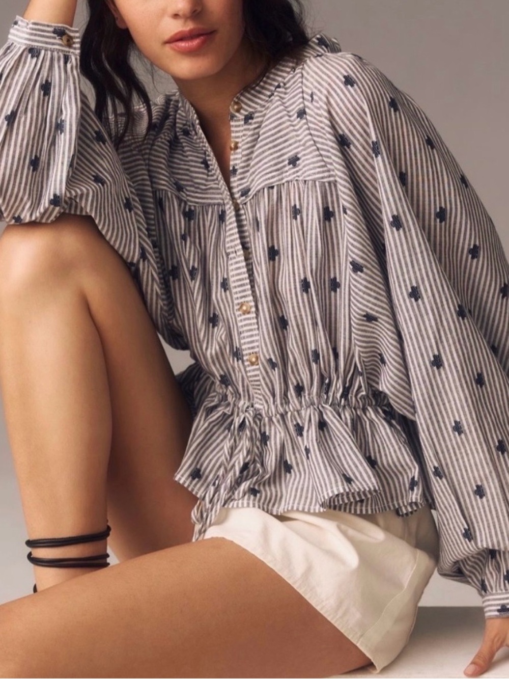 Anthropologie Sydney Batwing Blouse Cinched Waist Blouse in Blue and White.